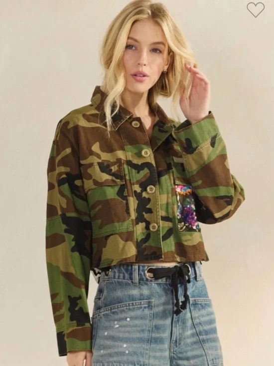 Camo Utility Jacket with Multicolor Sequin Floral Back - Picture 3 of 6